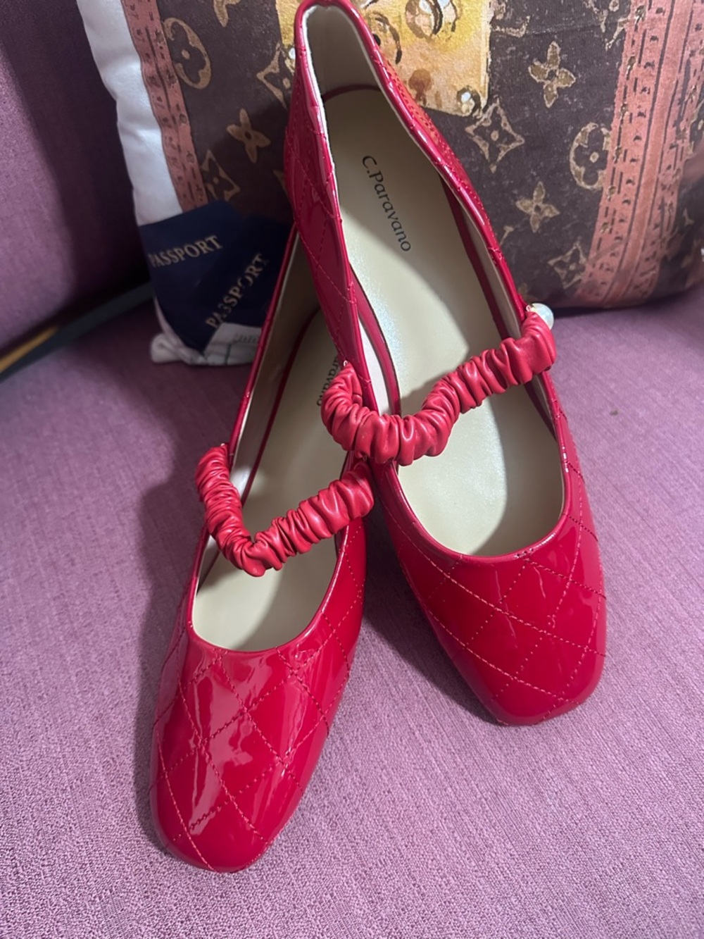 C Paravano Red Quilted Patent Mary Jane Flats•NWOT